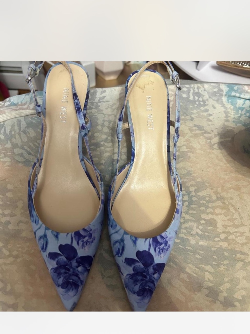 Nine West Light Blue Floral Pointed Slingback Heels